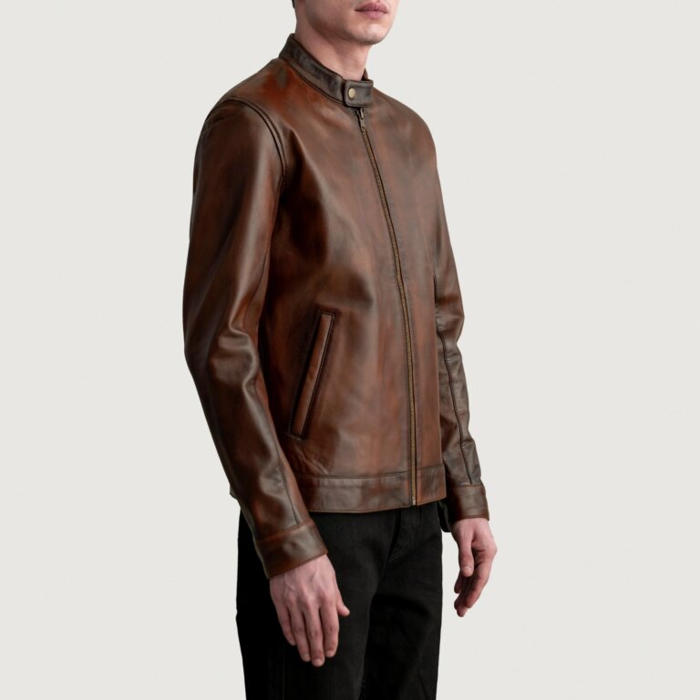 Mens Zen Distressed Brown Leather Biker Jacket Side Pose-3-1724073217543